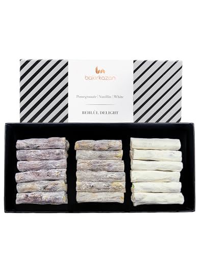 Turkish Delight by Bakirkazan Behlul, Luxury Vegan Snacks with 30% Pistachio, Ramadan Eid Traditional Vegan Gift Basket, Turkish Delight Candy, Milk, Pomegranate, Vanillin, 8.82 oz