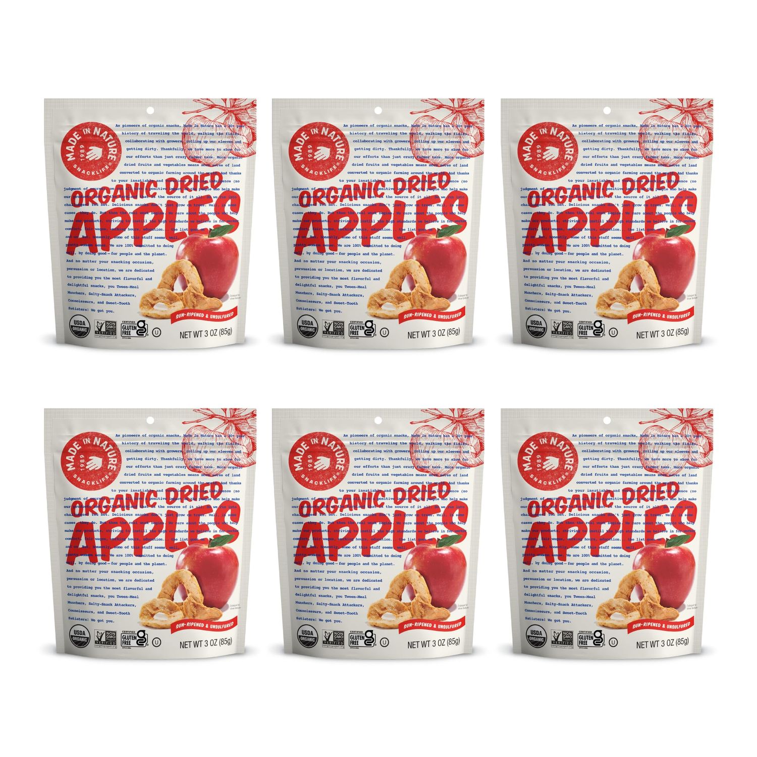 Made In Nature Organic Dried Apple Rings, 3 Ounce (Pack of 6) - Vegan Snack, Non-GMO, Unsulfured, Gluten Free, Kosher