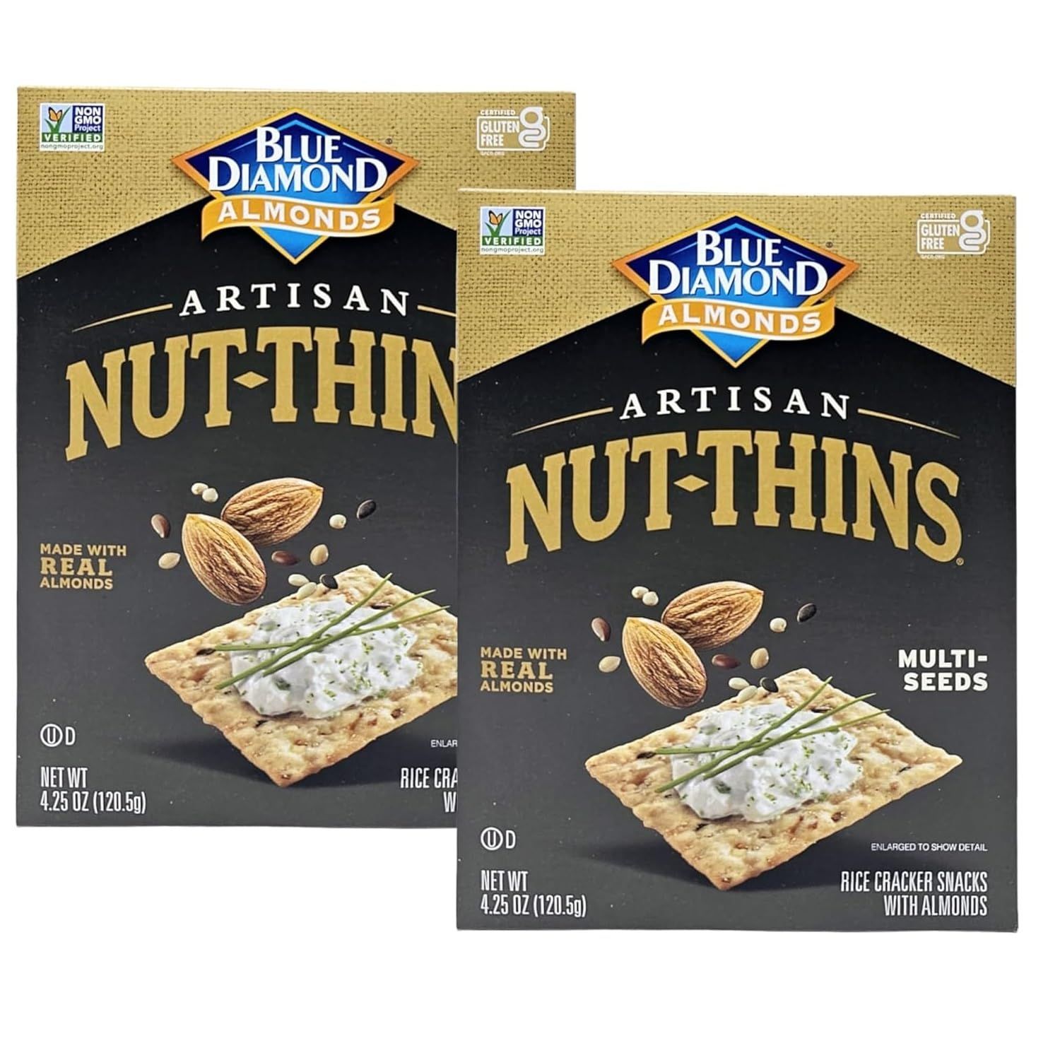 (Pack of 2) Almonds Artisan Nut Thins Cracker Crisps, Multi-Seeds, Gluten Free Rice Cracker Snacks with Almonds, 4.25 Ounce each