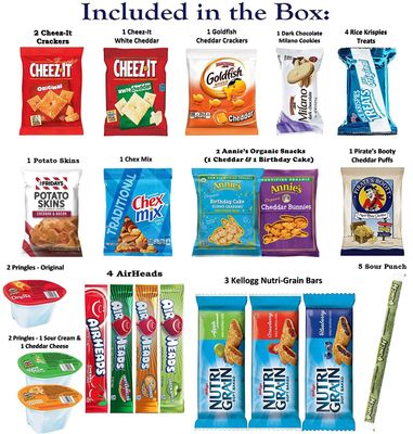 Foxy Fane 60 count Snack Box - Ultimate Gift Care Package with Variety Assortment of Crackers, Cookies, Candy, Chips &amp; other Snacks - Bulk Bundle of Delicious Treats (60 Snacks - Variety Pack)