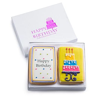 Gourmet Happy Birthday Cookie Gift Basket  2 Large 2.5 x 4.5 in Vanilla Sugar Cookies Hand-Decorated Snack Variety Pack  Kosher B-Day Bakery Care Package For Women, Men Boys &amp; Girls