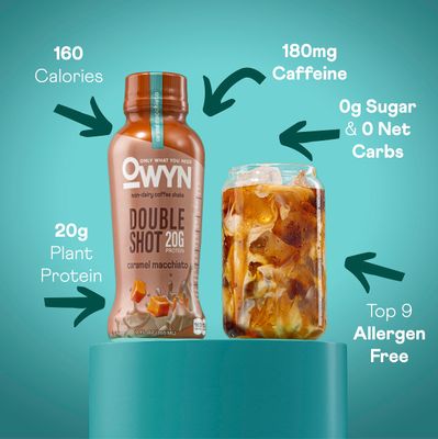 OWYN Only What You Need Double Shot Dairy Free Keto Protein Coffee Shake, Caramel Macchiato, 0g Sugar, 20g Plant Based Protein, 180mg Caffeine, Gluten &amp; Soy Free, Non-GMO, Vegan (12 Pack, 12 Fl Oz)