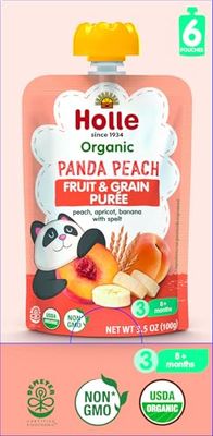 Holle Organic Baby Food Pouches - Panda Peach Baby Puree with Peach, Banana, Apricot &amp; Spelt - (6 Pack) Organic Baby Snacks  Fruit and Veggie Pouches for Weaning Babies 6 Months and Older