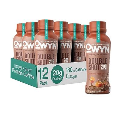 OWYN Only What You Need Double Shot Dairy Free Keto Protein Coffee Shake, Caramel Macchiato, 0g Sugar, 20g Plant Based Protein, 180mg Caffeine, Gluten &amp; Soy Free, Non-GMO, Vegan (12 Pack, 12 Fl Oz)