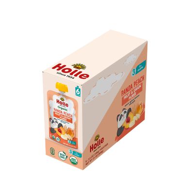 Holle Organic Baby Food Pouches - Panda Peach Baby Puree with Peach, Banana, Apricot & Spelt - (6 Pack) Organic Baby Snacks Fruit and Veggie Pouches for Weaning Babies 6 Months and Older