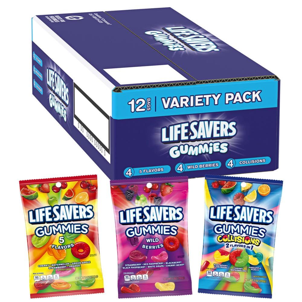 LIFE SAVERS Wild Berry, Collisions and 5 Flavors Gummy Candy Variety Pack Bulk Assortment Variety Box, 12 Count Bags, Bulk Gummy Candy