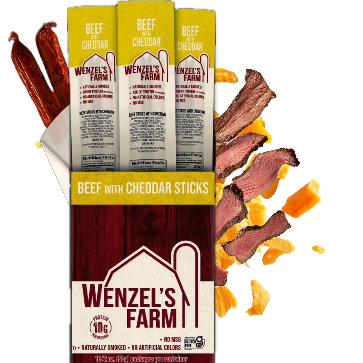 Wenzels Farm Beef with Cheddar Sticks Snack Sticks  Flavorful, Naturally Smoked  High Protein, Low Carb  No MSG, Fillers, Binders, Artificial Colors  Gluten Free  32 sticks (16 packs of 2)