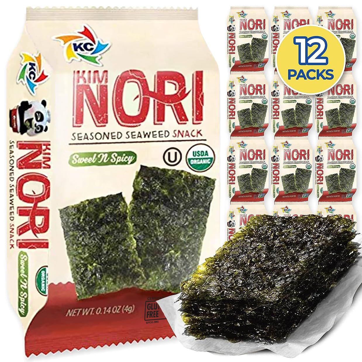 KIMNORI Seasoned Seaweed Snacks Sheets - Organic Sweet &#39;N Spicy Flavor 12 Individual Packs Roasted Crispy Premium 100% Natural Laver Kim Nori 4g 0.14 Ounce