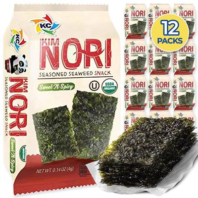 KIMNORI Seasoned Seaweed Snacks Sheets - Organic Sweet &#39;N Spicy Flavor 12 Individual Packs Roasted Crispy Premium 100% Natural Laver Kim Nori 4g 0.14 Ounce