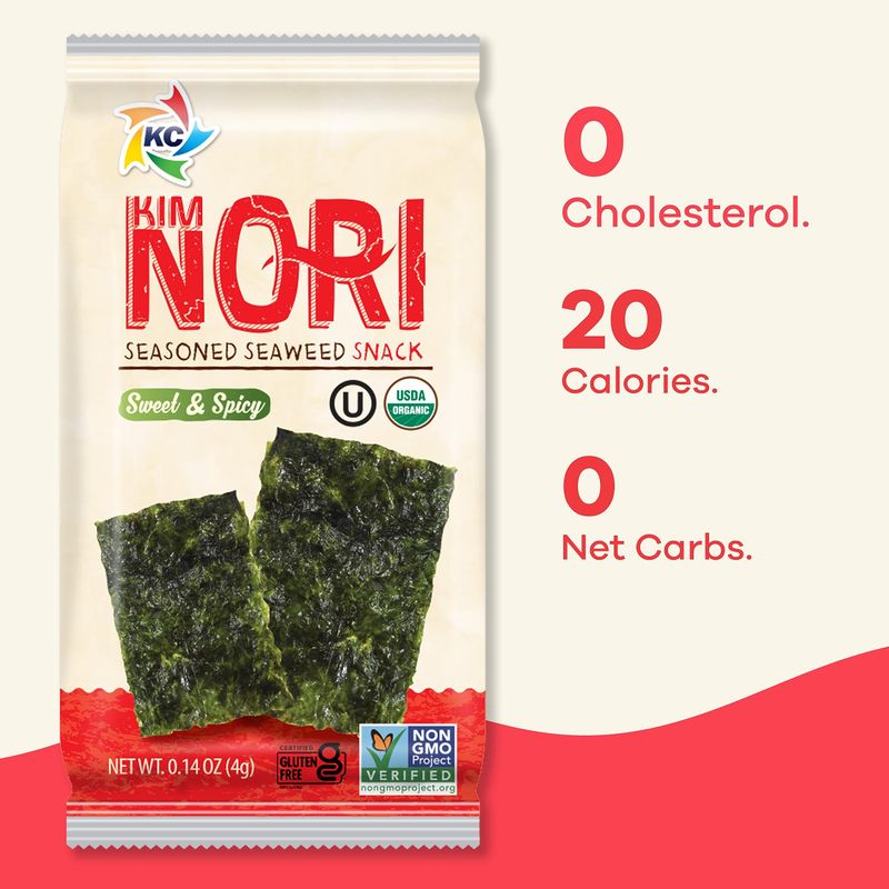 KIMNORI Seasoned Seaweed Snacks Sheets - Organic Sweet 'N Spicy Flavor 12 Individual Packs Roasted Crispy Premium 100% Natural Laver Kim Nori 4g 0.14 Ounce