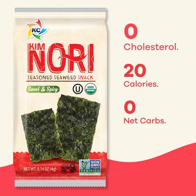 KIMNORI Seasoned Seaweed Snacks Sheets - Organic Sweet 'N Spicy Flavor 12 Individual Packs Roasted Crispy Premium 100% Natural Laver Kim Nori 4g 0.14 Ounce