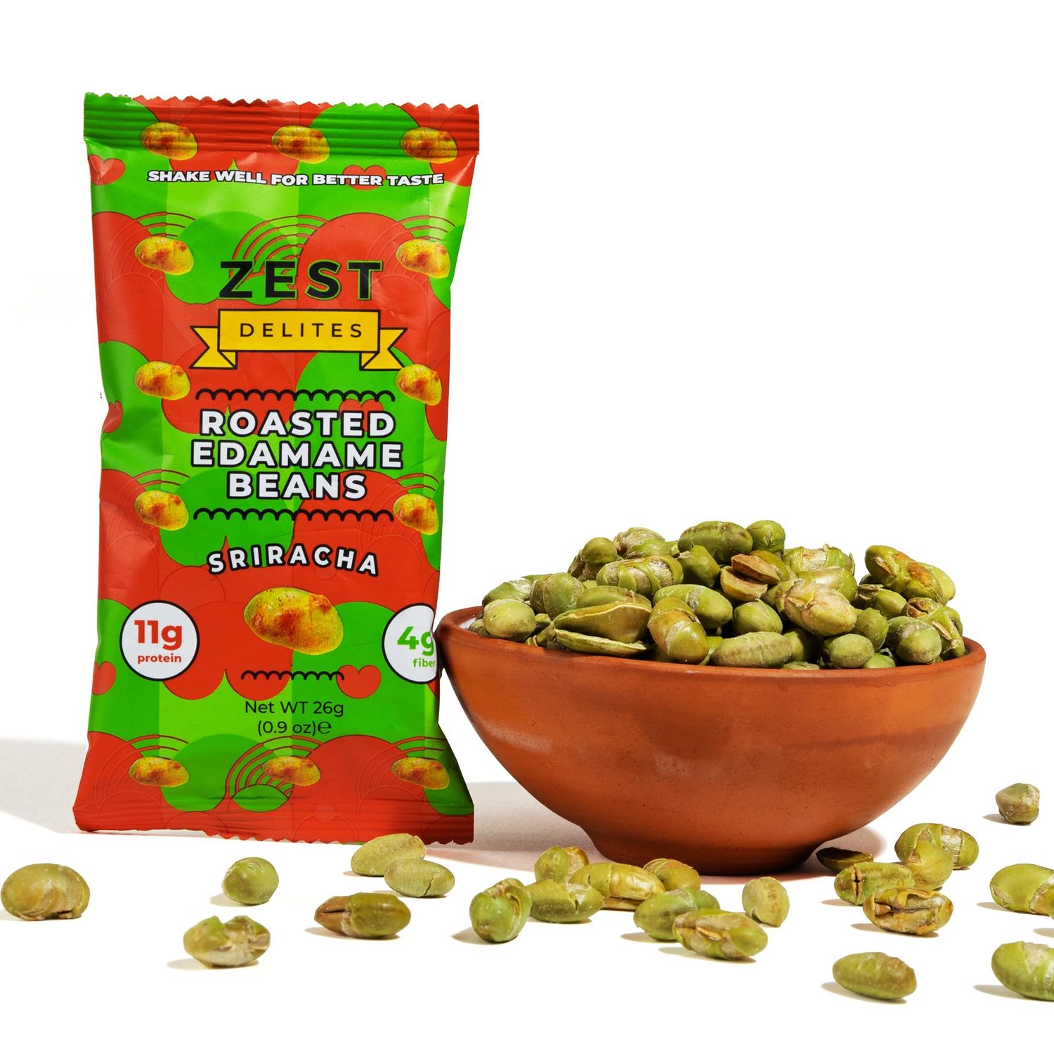 Crunchy Dry Roasted Edamame Beans Snack by Zest Delites, Sriracha, Vegan, Low Calorie (110cal) High Protein Snacks (11g), Low Carb, Keto, Gluten Free, 0.9 oz 24 Packs