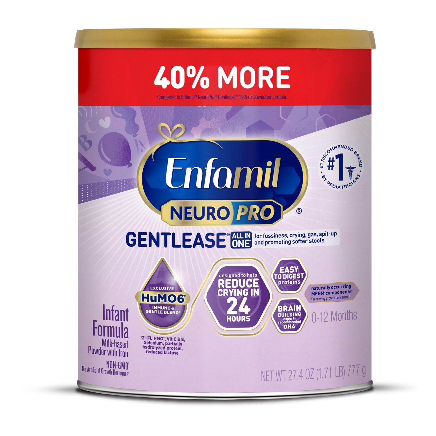 Enfamil NeuroPro Gentlease Baby Formula, Brain Building DHA, HuMO6 Immune Blend, Designed to Reduce Fussiness, Crying, Gas &amp; Spit-up in 24 Hrs, Prebiotics to Promote Softer Stools, Baby Milk, 27.4 Oz