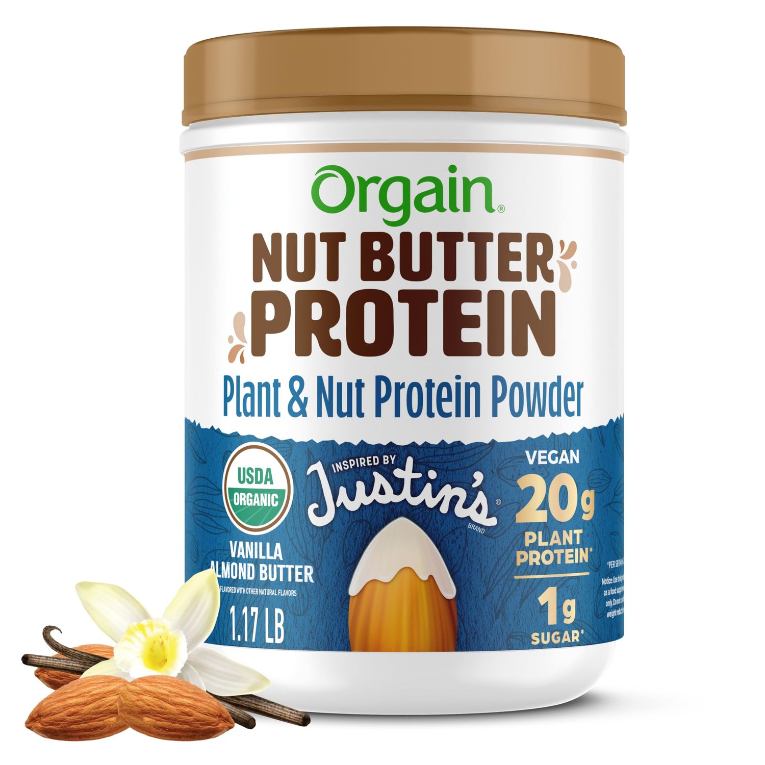 Orgain X Justin&#39;s  Organic Vegan Nut Butter Protein Powder, Vanilla Almond Butter- 20g Plant Protein, 1g Sugar, Gluten Free, No Dairy, Soy Ingredients, or Artificial Flavors, 1.17 lb
