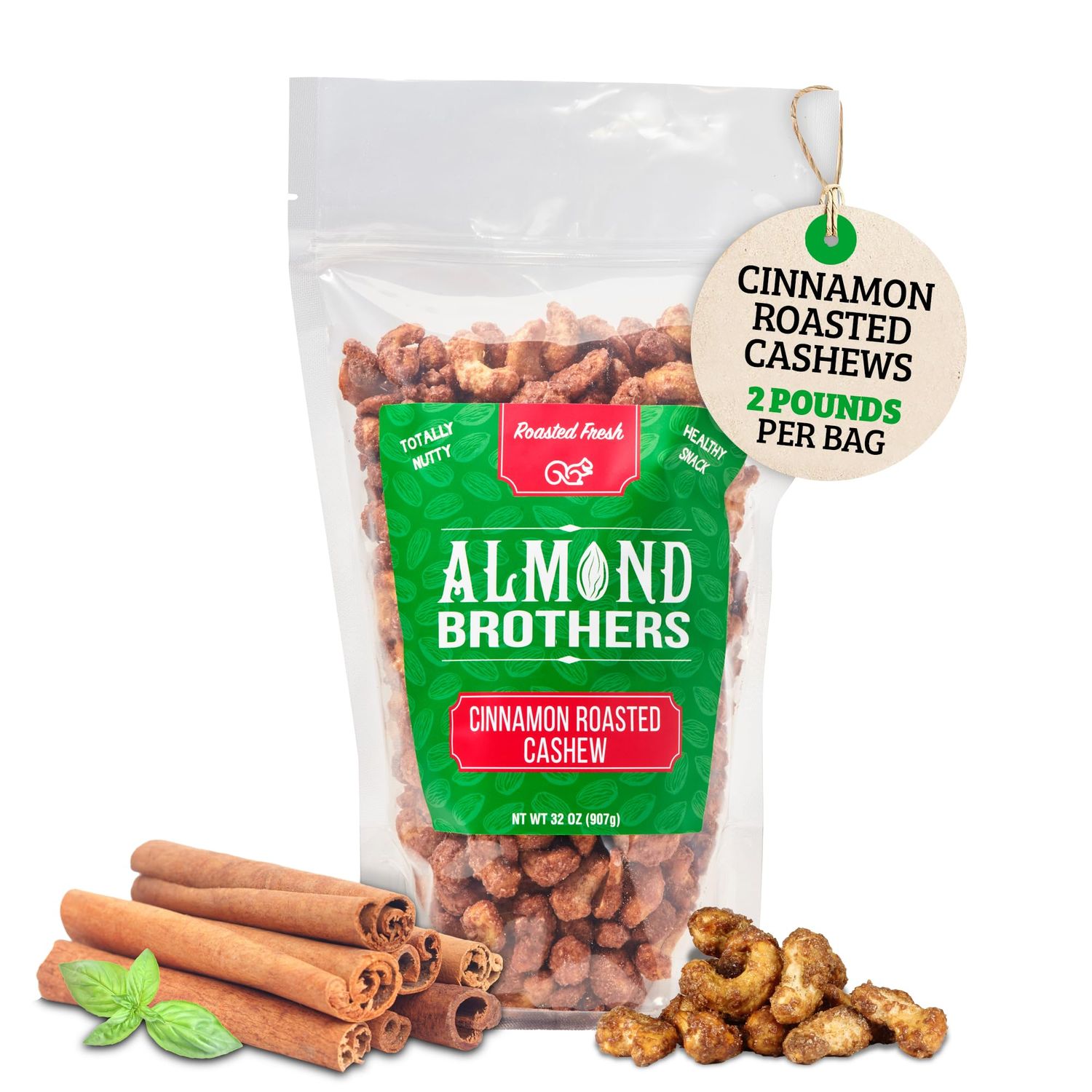 Almond Brothers - Hand Crafted Cinnamon Glazed Roasted Cashews, Gluten-Free, Non-GMO, Candied Cashews - 2 lb Bag