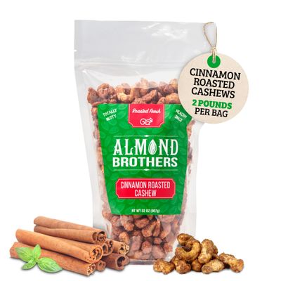 Almond Brothers - Hand Crafted Cinnamon Glazed Roasted Cashews, Gluten-Free, Non-GMO, Candied Cashews - 2 lb Bag