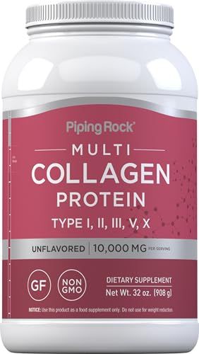 Piping Rock Multi Collagen Protein Powder  32oz  Supplement for Women and Men  Types I, II, III, V, X  Unflavored  Non-GMO, Gluten Free