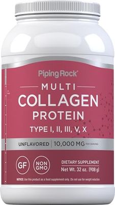 Piping Rock Multi Collagen Protein Powder  32oz  Supplement for Women and Men  Types I, II, III, V, X  Unflavored  Non-GMO, Gluten Free