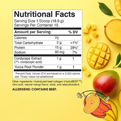 SUPER POWER PROTEIN - Hydrolyzed Beef Collagen Peptides Powder with Cordyceps &amp; Yucca Root - Supports Muscle Recovery, Gut &amp; Joint Health - Mango Flavor Protein Powder, 10oz