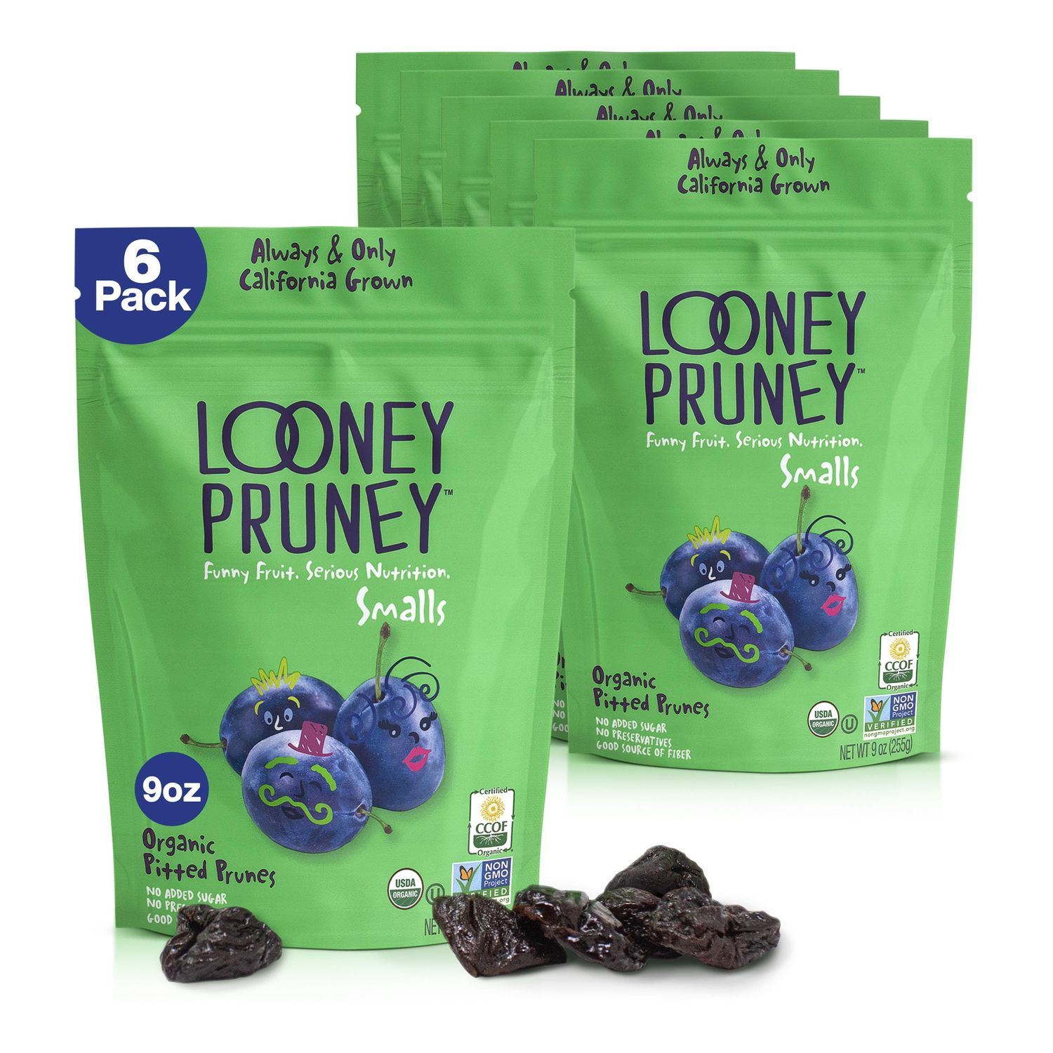 Looney Pruney Smalls Fruit Snacks  Naturally Sweet Bite-Sized Prunes  Organic Fruit Snack Packs For Kids &amp; Adults  Vegan Food With No Added Sugar &amp; Preservatives  Kosher  9 oz. (Pack of 6)