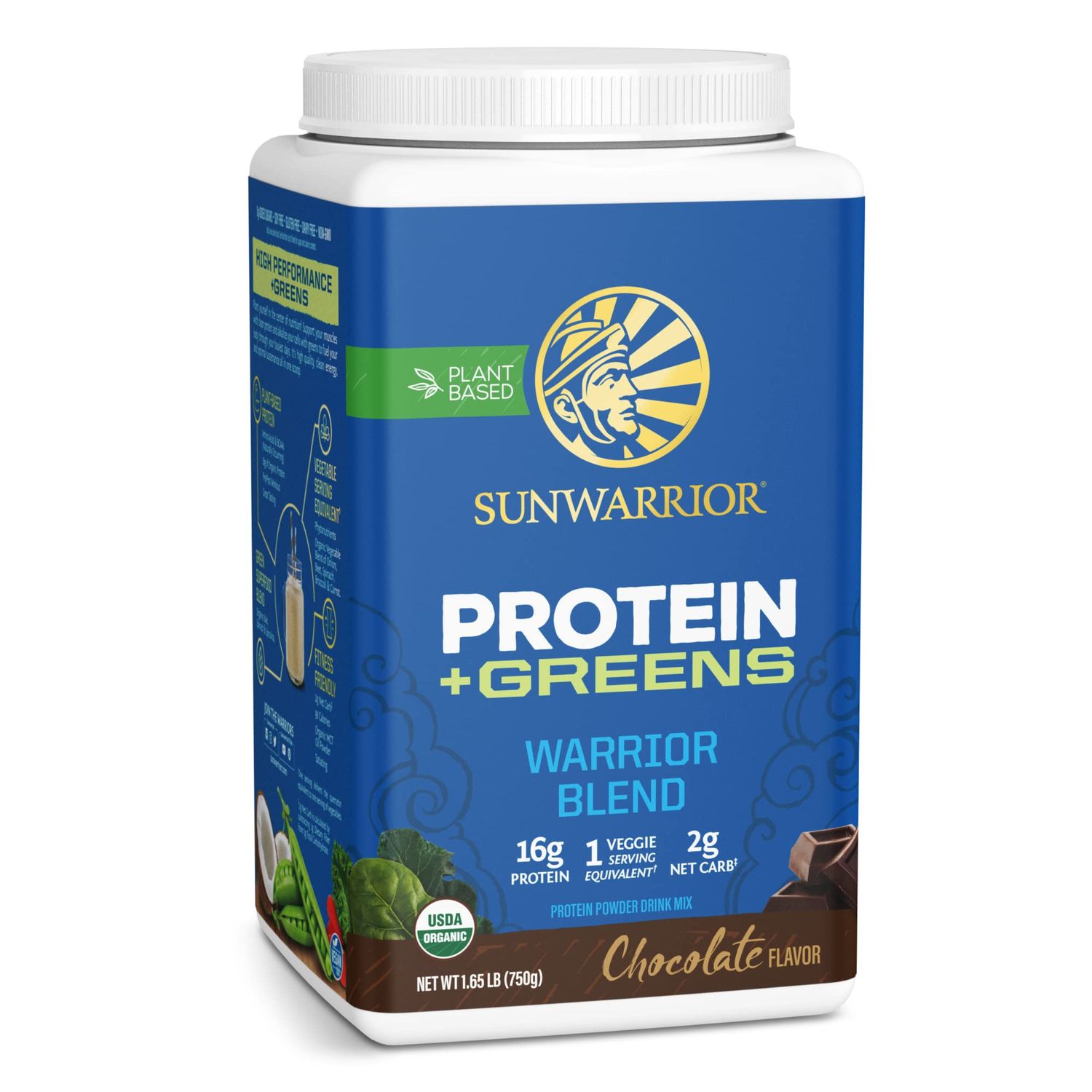 Sunwarrior Warrior Blend Protein Greens Powder Drink Mix BCAA Plant Based Organic Hemp Seed Vegan Gluten Free Non-GMO Low Carb Protein Powder Chocolate Flavored 30 Servings