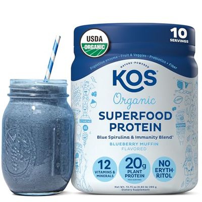 KOS Plant Based Protein Powder, Blueberry Muffin - Organic Pea Protein Superfood with Spirulina and Immune Support Blend. Soy, Gluten, Dairy Free - Vegan Meal Replacement for Women &amp; Men - 10 Servings