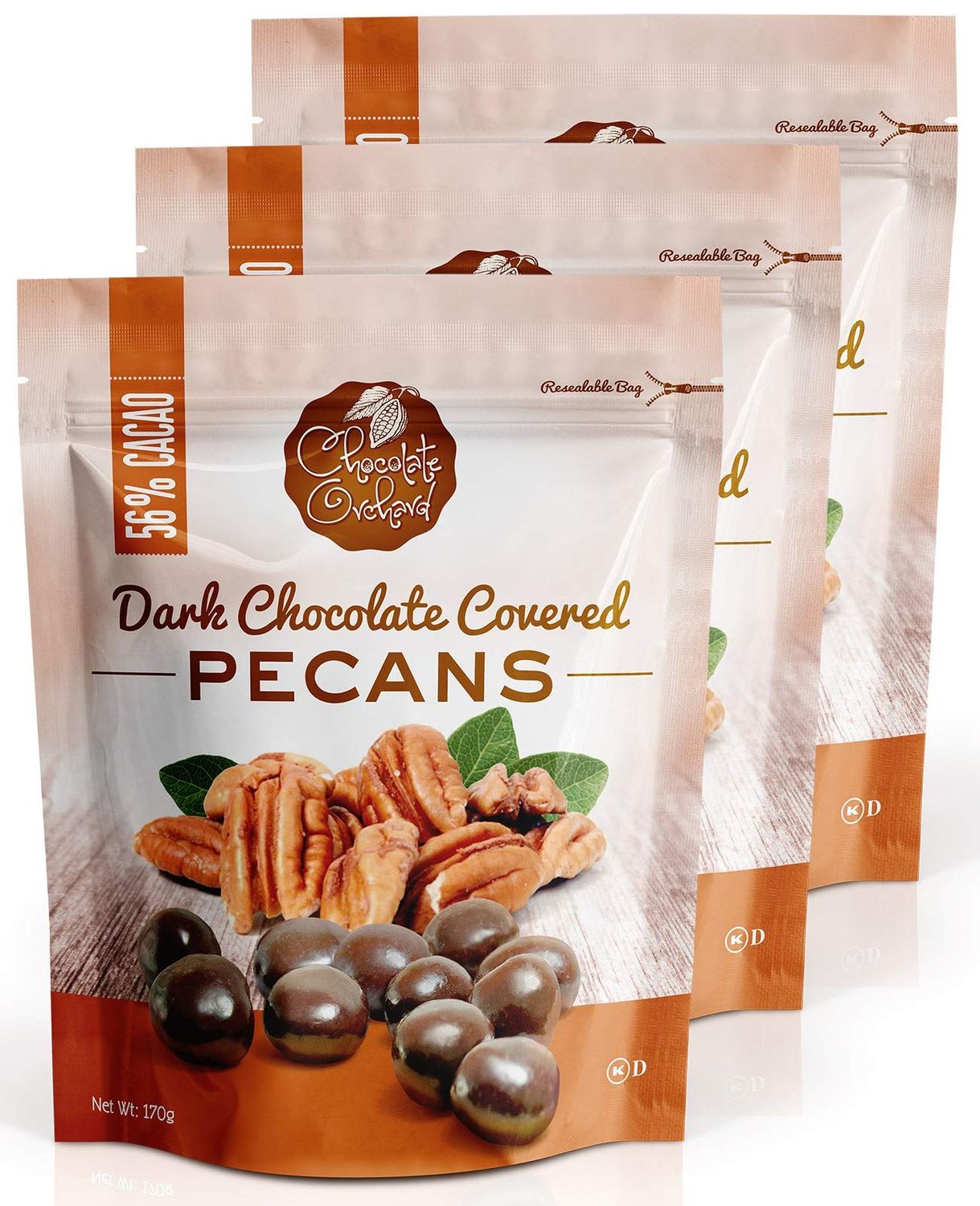Chocolate Orchard Dark Chocolate Covered Pecans - Premium Dark Chocolate, Fresh and Nutty, Indulgent Snack, No Trans Fat - 6 Oz Bag (Pack of 3)