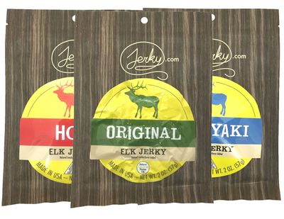 Jerky.com Exotic Elk Jerky Sampler - Wild Game Meat Snacks, Exotic Snacks, High-Protein, All-Natural, No Added Preservatives - Healthy Snacks for Adults - 1.75 oz. (Pack of 3)