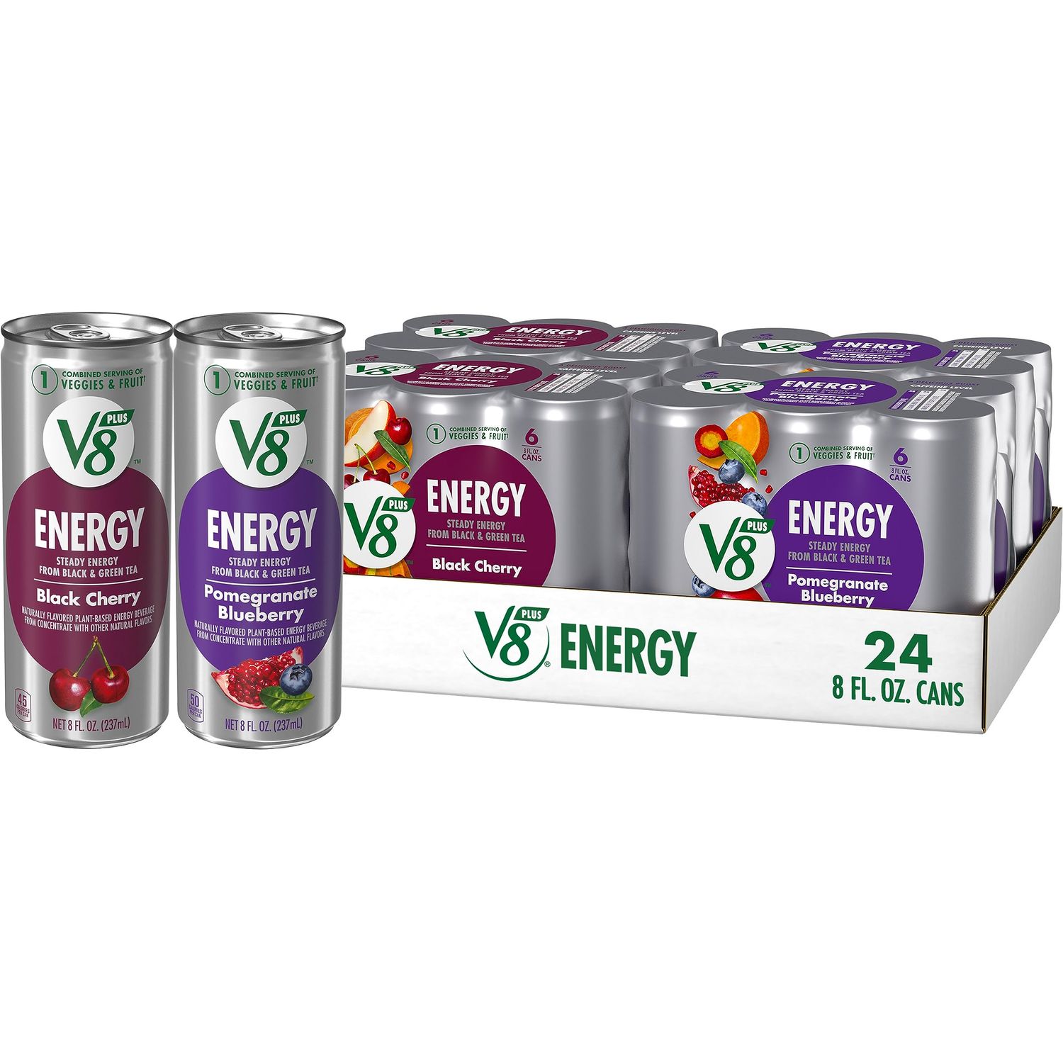 V8 Energy Black Cherry and Pomegranate Blueberry Juice Energy Drinks, 8 fl oz Can (24 Pack)