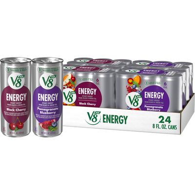V8 Energy Black Cherry and Pomegranate Blueberry Juice Energy Drinks, 8 fl oz Can (24 Pack)