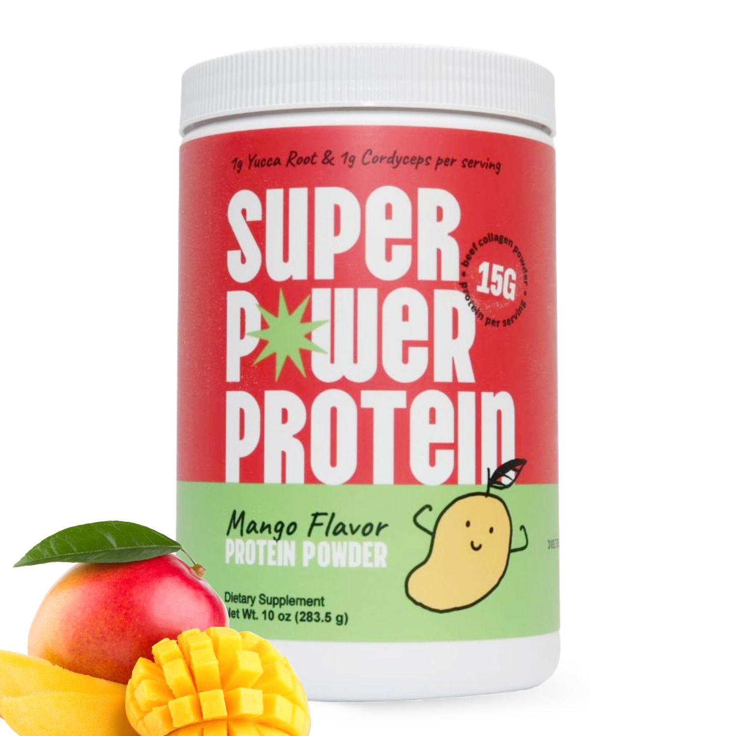 SUPER POWER PROTEIN - Hydrolyzed Beef Collagen Peptides Powder with Cordyceps &amp; Yucca Root - Supports Muscle Recovery, Gut &amp; Joint Health - Mango Flavor Protein Powder, 10oz