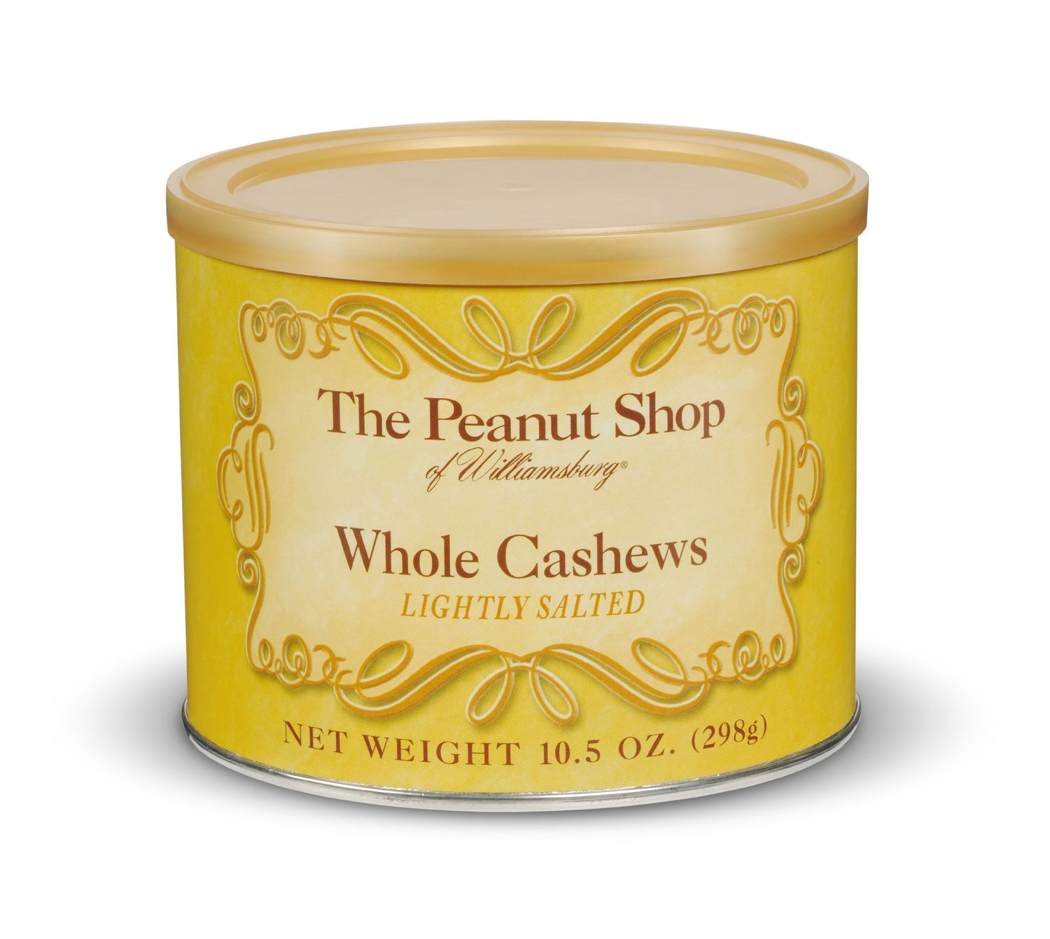 The Peanut Shop of Williamsburg Lightly Salted Whole Cashews with SEA Salt, Gluten-Free Ingredients, Kosher Certified, Hand Cooked in Pure Peanut Oil - 10.5 Oz Tin