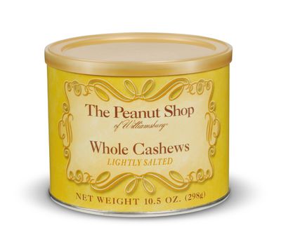 The Peanut Shop of Williamsburg Lightly Salted Whole Cashews with SEA Salt, Gluten-Free Ingredients, Kosher Certified, Hand Cooked in Pure Peanut Oil - 10.5 Oz Tin