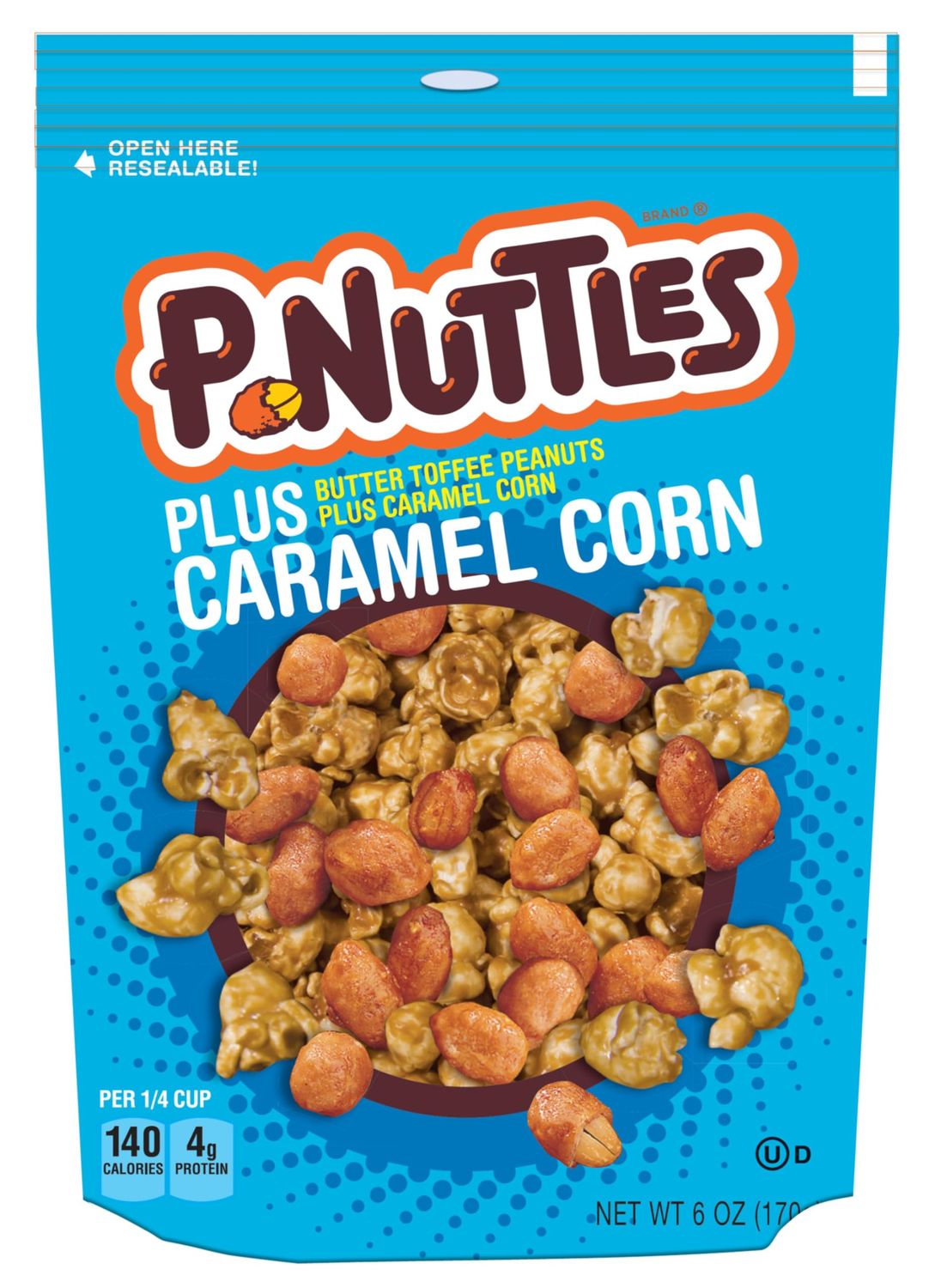 P-Nuttles Plus Caramel Corn, Butter Toffee Peanuts and Caramel Popcorn Snack Mix in Resealable 6 Ounce Bag