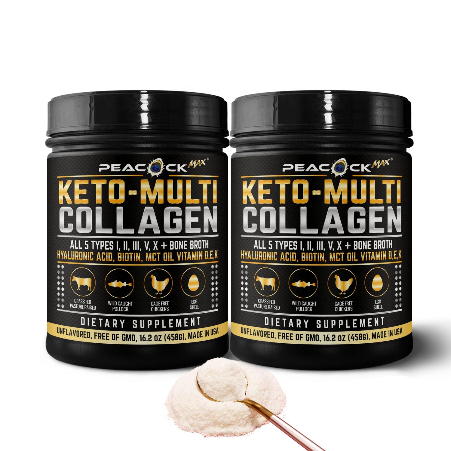 Peacock Max Keto Multi Collagen Peptides 16.2 oz, Pack of 2 - Bone Broth Protein Powder, 5 Types Hydrolyzed Collagen, MCT Oil, Unflavored Protein Powder for Joint, Skin, Hair &amp; Gut Health