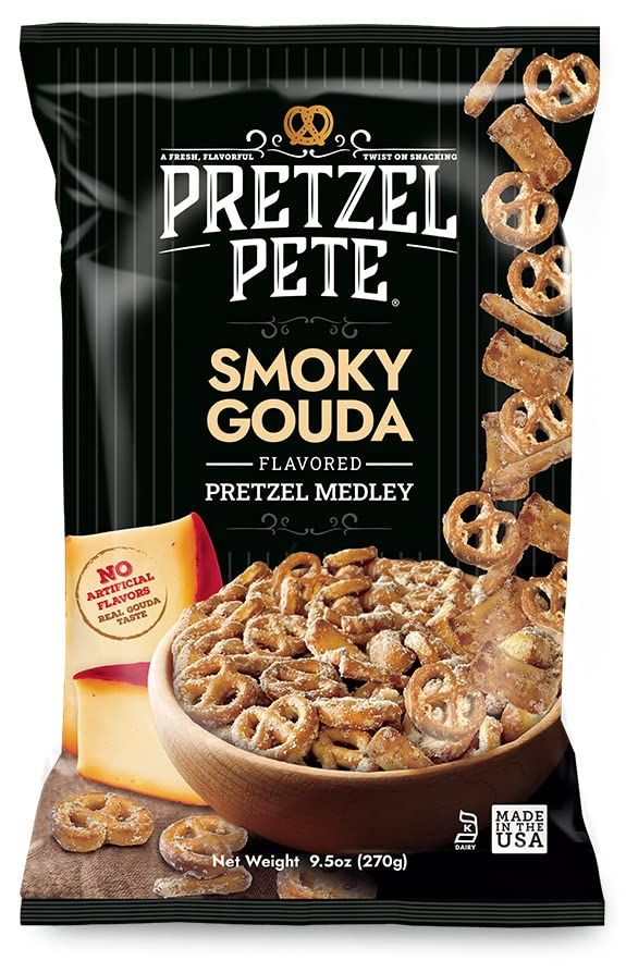 Pretzel Pete Smoky Gouda Pretzel Medley Seasoned Pretzel Medley, Nut-Free and Sesame-Free Snack, Small Batch, Bold Flavor (9.5oz, Pack of 3)