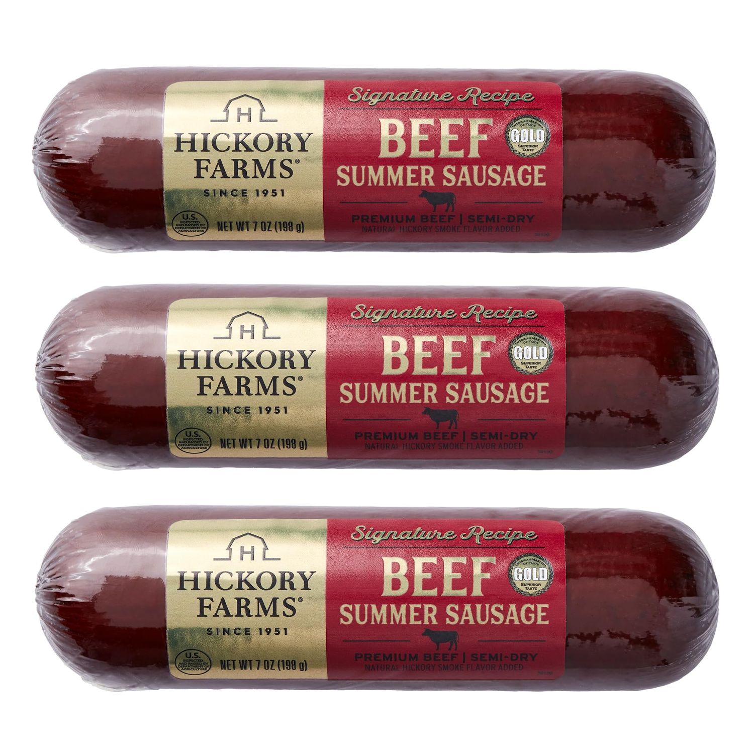 Hickory Farms Signature Beef Summer Sausage - 3 Pack  100% Beef - Great for Charcuterie Boards  Award-Winning for Superior Taste  Gluten Free, High Protein Snack