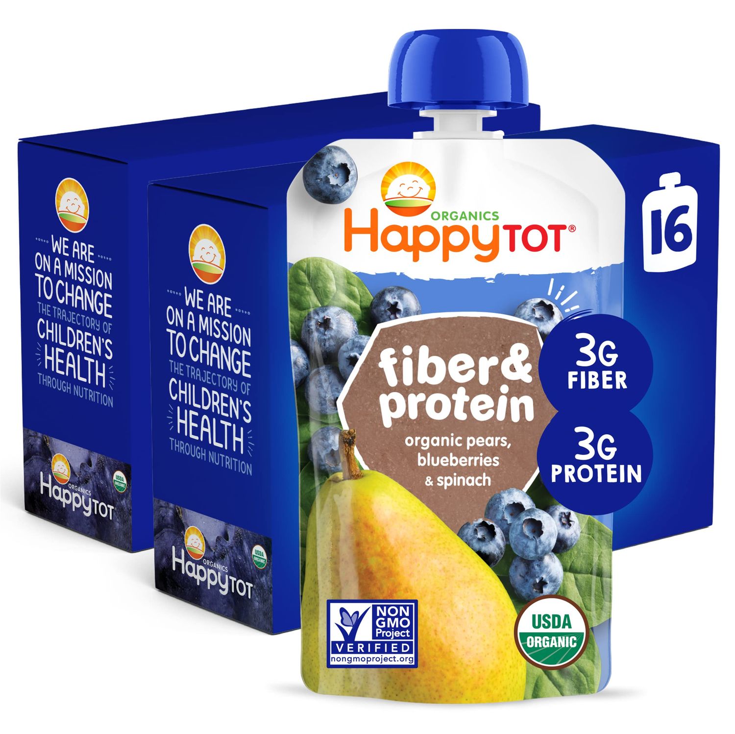 Happy Tot Organics Stage 4 Baby Food Pouches, Gluten Free, Vegan Snack, Fiber &amp; Protein Fruit &amp; Veggie Puree, Pears, Blueberries &amp; Spinach, 4 Ounce (Pack of 16)