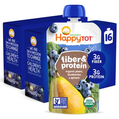 Happy Tot Organics Stage 4 Baby Food Pouches, Gluten Free, Vegan Snack, Fiber &amp; Protein Fruit &amp; Veggie Puree, Pears, Blueberries &amp; Spinach, 4 Ounce (Pack of 16)