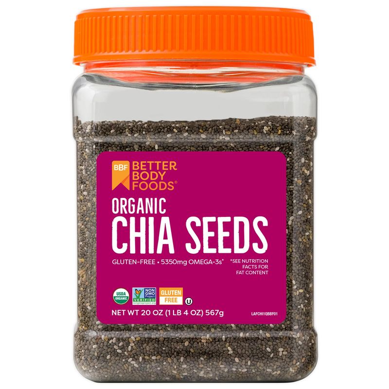 BetterBody Foods Organic Chia Seeds with Omega-3, Non-GMO, Gluten Free, Keto Diet Friendly, Vegan, Good Source of Fiber, Add to Smoothies, 1.25lb