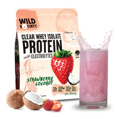 WILD SOCIETY - Premium Clear Whey Protein  Electrolytes - Refreshing Whey Protein Isolate Powder - 20g Protein, 0 Added Sugar, GMO-Free, Natural Flavors &amp; Colors - Strawberry Coconut, 16 oz