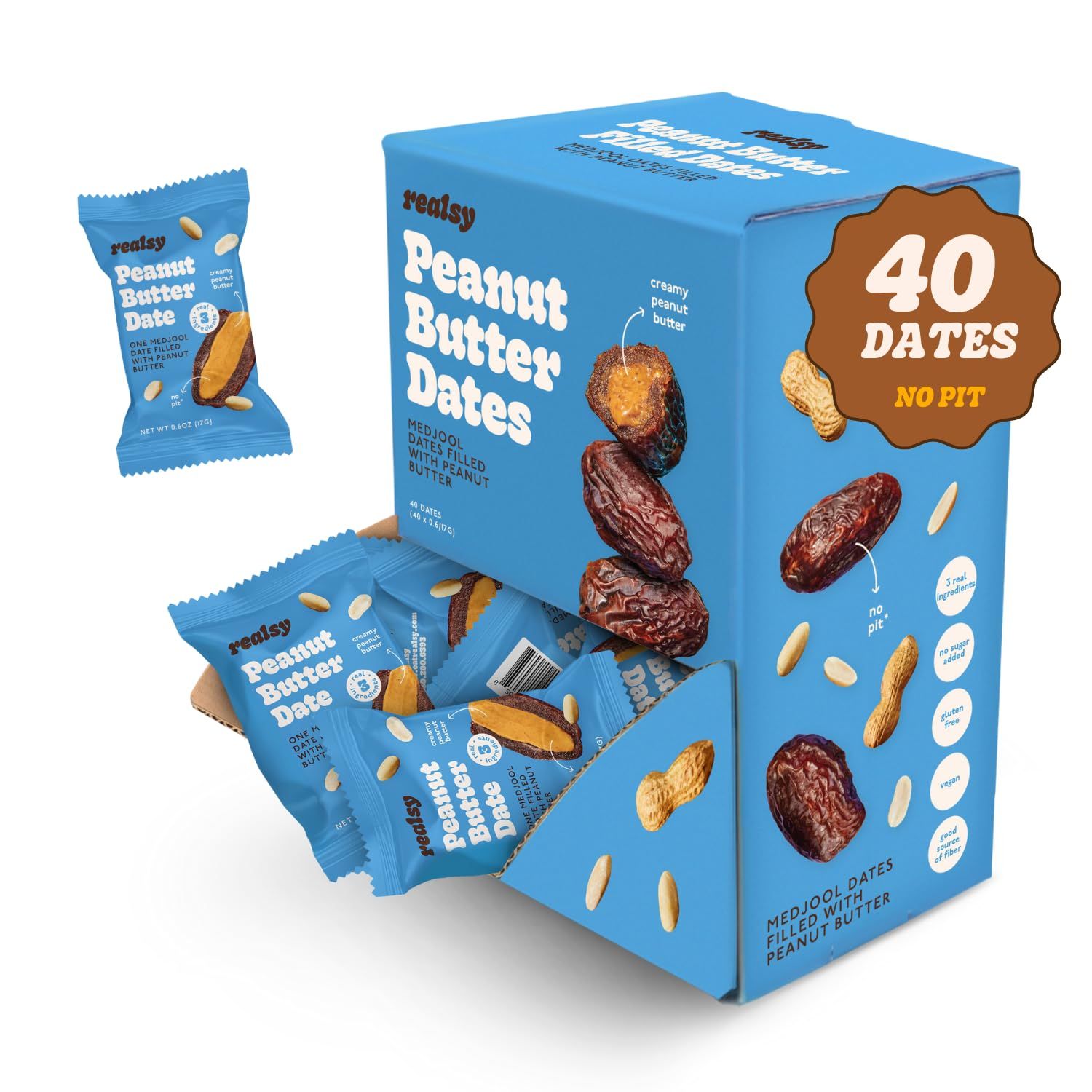 Realsy Peanut Butter Filled Medjool Dates, Organic Dates with No Sugar Added, Gluten-Free, Vegan, All Natural Healthy Snack, Single Wrapped (40 ct)