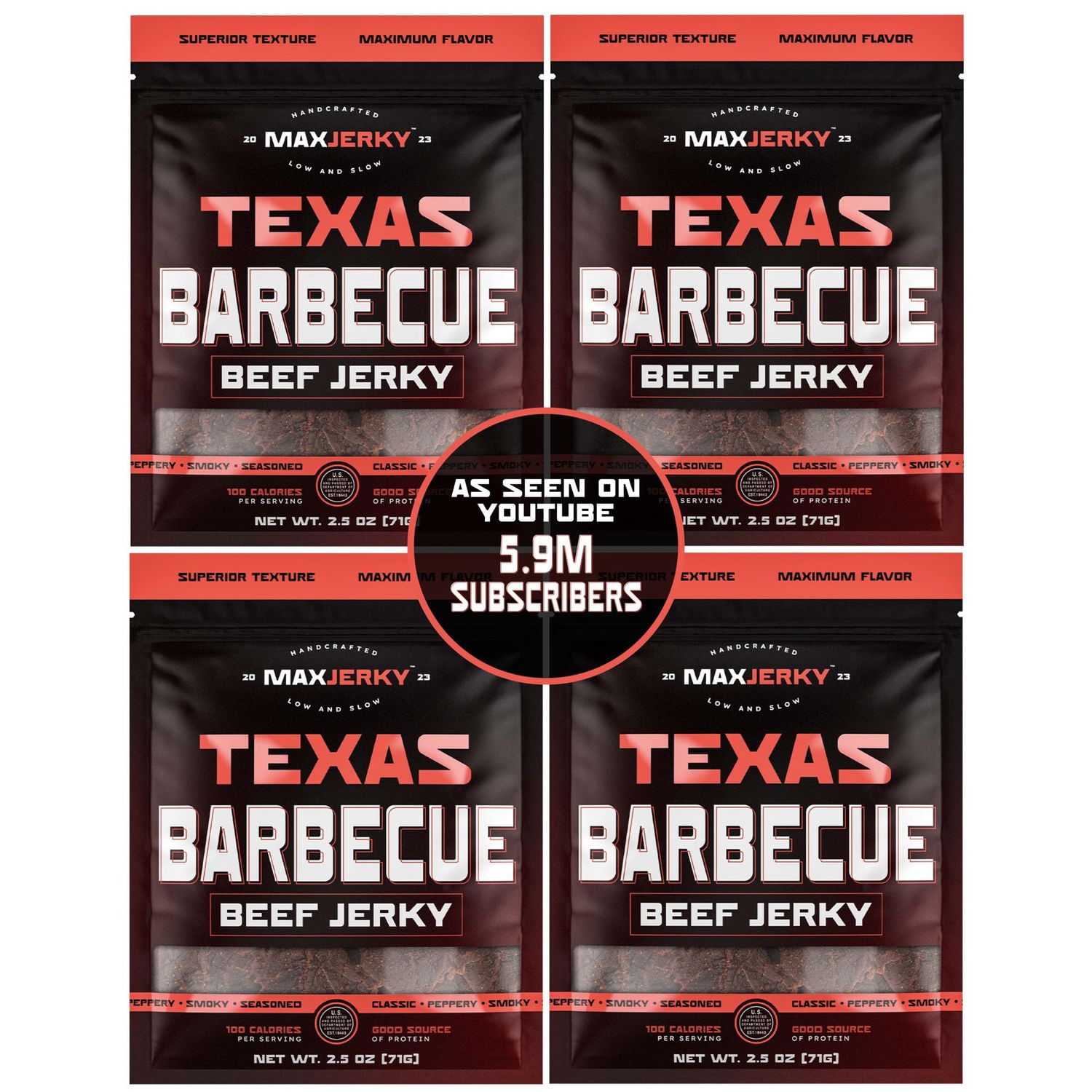 MaxJerky Texas Barbecue Beef Jerky, Smoked Pepper Flavored Jerky, 27.5 Grams of Protein, 2.5 OZ (4 Pack)