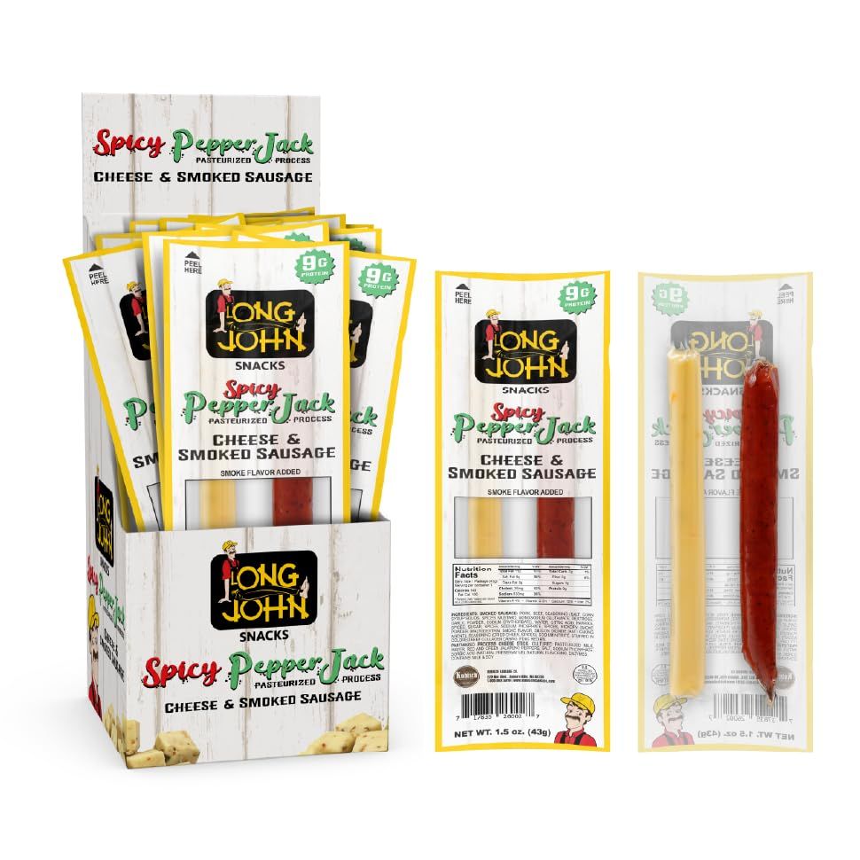 Long John Snacks Spicy Pepper Jack Cheese &amp; Smoked Sausage Sticks - 1.5 oz. Handcrafted Gourmet Treats with Real Pork &amp; Beef, Wisconsin Cheese Snacks - Ready-to-Eat, High-Protein Morsels - 12 Pack