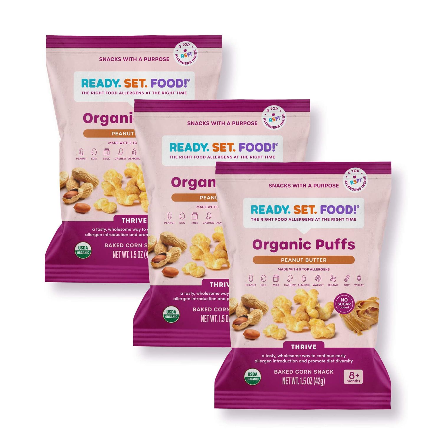 Organic Puffs - Early Allergen Introduction Snack Puffs w/ 9 Top Allergens: Organic Peanuts, Cashew, Egg &amp; More by Ready Set Food, No Added Sugar, Babies 8 Months, Peanut Butter 3-Pack