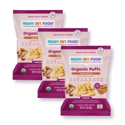 Organic Puffs - Early Allergen Introduction Snack Puffs w/ 9 Top Allergens: Organic Peanuts, Cashew, Egg &amp; More by Ready Set Food, No Added Sugar, Babies 8 Months, Peanut Butter 3-Pack