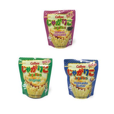 Calbee JagaRico Potato Sticks: Umami Seaweed, Hokkaido Butter and Original, 1 Pack of each flavor, 3 Packs total.