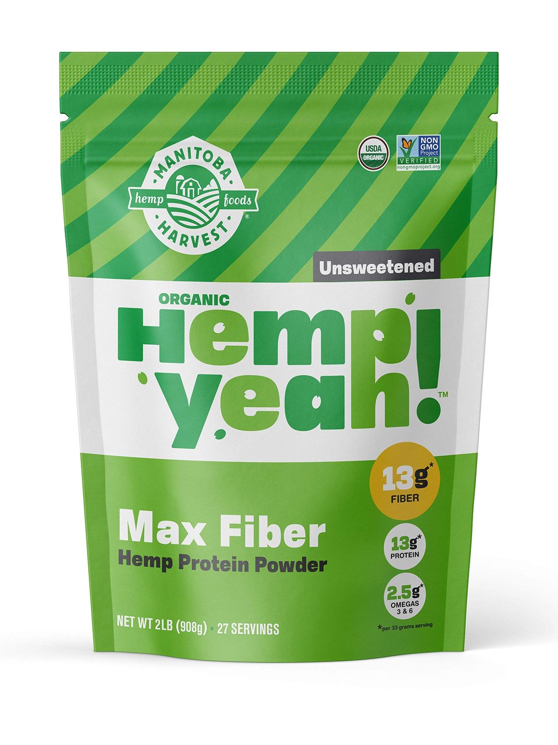 Manitoba Harvest Hemp Yeah Organic Max Fiber Protein Powder, Unsweetened, 32oz, with 13g of Fiber, 13g Protein and 2.5g Omegas 3&amp;6 per Serving, Keto-Friendly, Preservative Free, Packaging May Vary