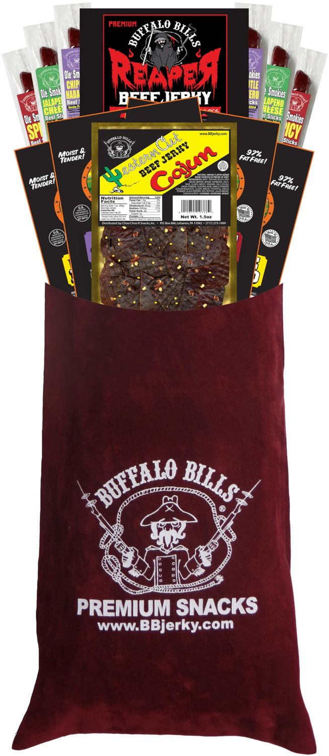 Buffalo Bills 12-Piece Hot &amp; Spicy Beef Jerky and Beef Stick Sampler Burgundy Velour Wine Gift Bag
