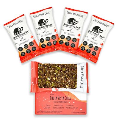 San Diego Bar-Chula Vista Chile  Chile Mild Heat  RAW &amp; Vegan Protein Bars  Sugar-Free  Gluten Free  Breakfast Bars  Energy Bars  Snack Bars  6 Whole Food Ingredients  Plant-Based Protein
